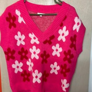 Bright pink cropped V neck sweater